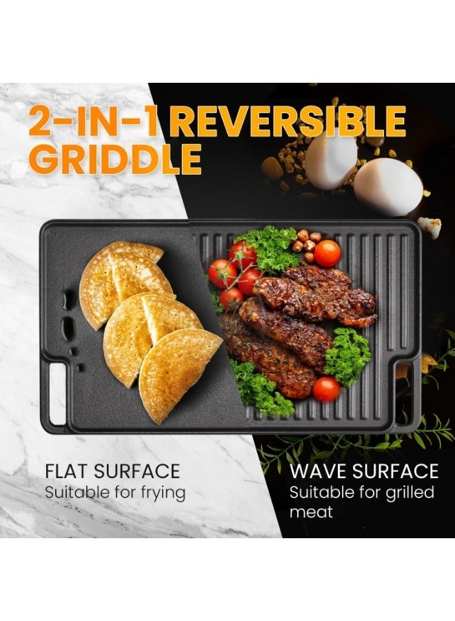 WALALLA Reversible Grill/Griddle with Handles, 46x26cm Pre-Seasoned Cast Iron Griddle,Non-Stick Family Pan Cookware, Flat Top Plate for Stove,Oven,BBQ, Gas Grill - Image 2
